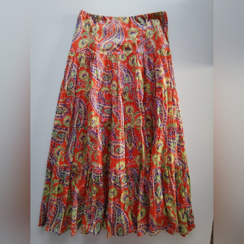 Lauren Ralph Lauren Multi Color Orange Paisley Print Pattern Tiered Maxi Skirt